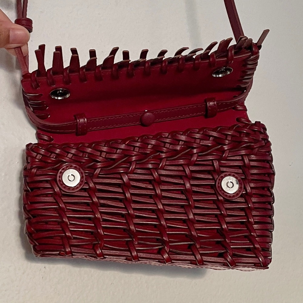STAUD Rio Woven Leather Crossbody Bag Burgundy Red Asymmetric Basket Bag - Picture 6 of 8